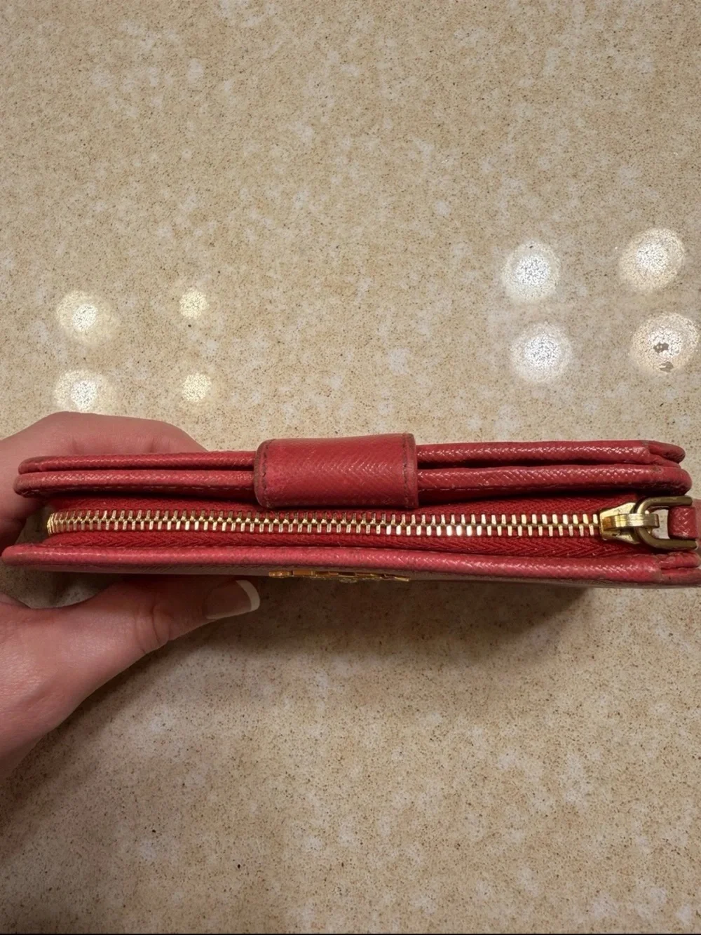 Prada Red Saffiano Zip-Around Wallet with Gold Logo